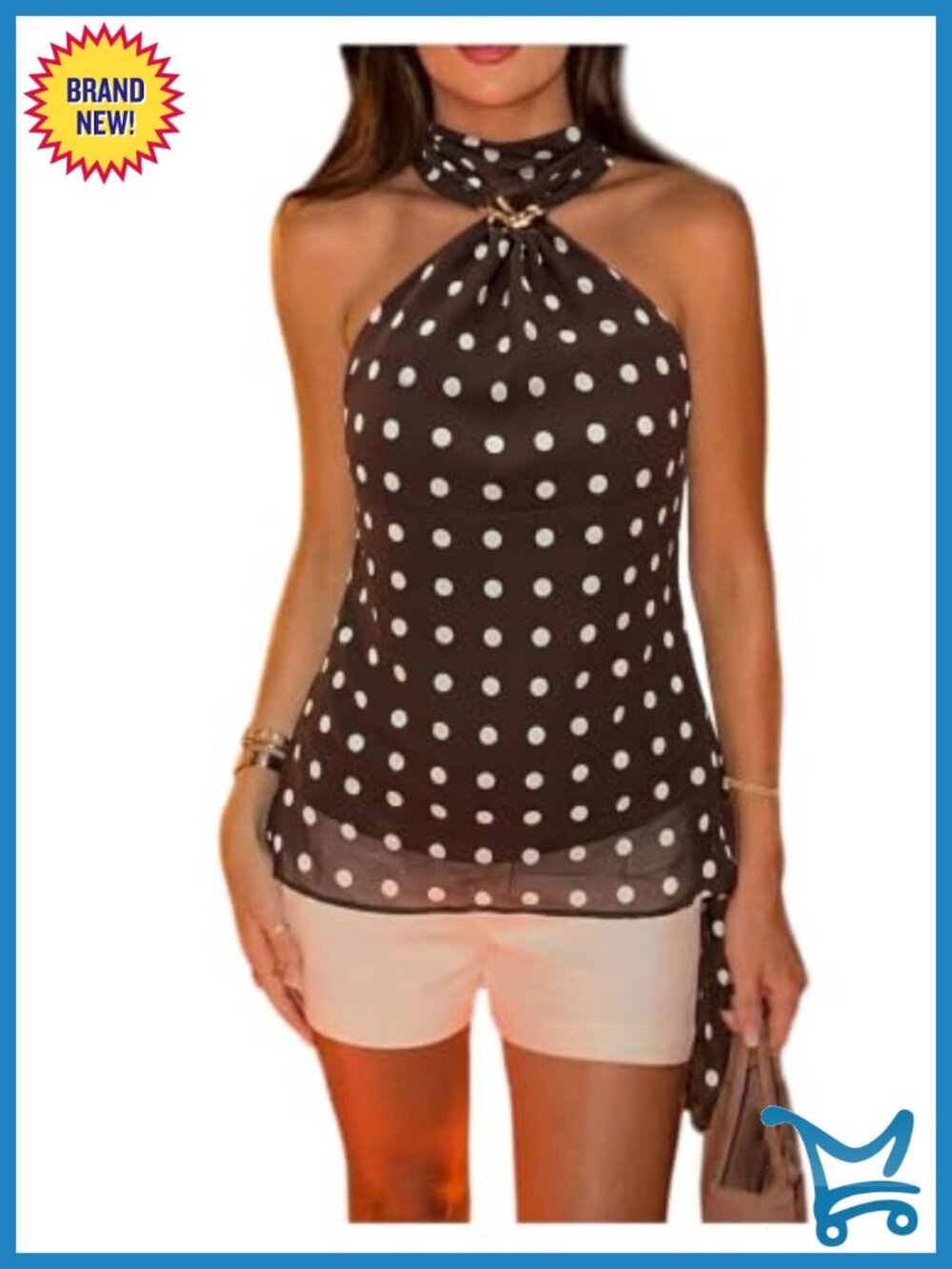 Polka Dots Chiffon Halter Top Metal Ring Backless Sleeveless